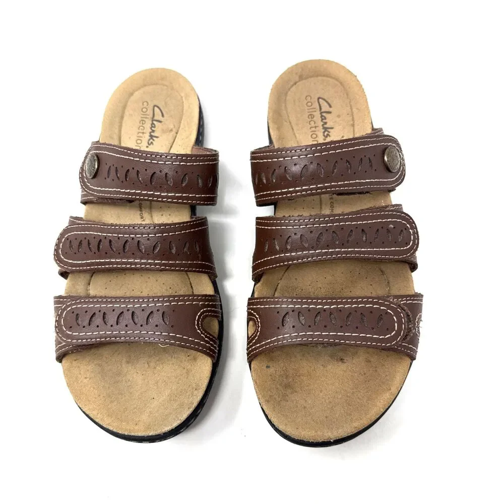 Clarks Collection Laurieann Dee Leather Sandals Womens Sz 7 Strappy Low Wedge